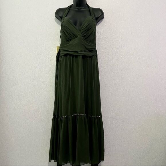 Y2K BCBG Maxaria Boho Green 100% Silk Chiffon Sequin Ruched Halter Dress 10 L - Picture 2 of 16